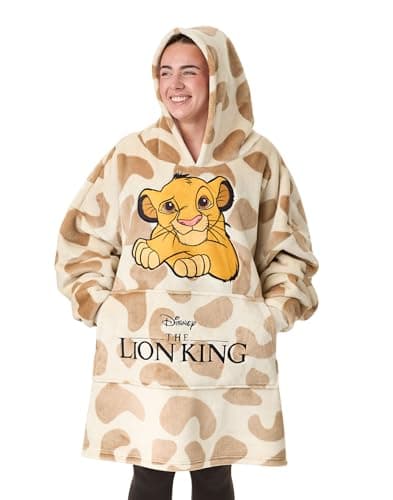 Image of Disney The Lion King Womens Wearable Blanket Hoodie | Adults Beige Hooded Pullover with Simba Character Embroidery and Animal All Over Print | Ladies One Size Sherpa Lined Loungewear with Pockets