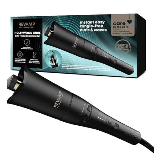 Image of REVAMP Hollywood Curl Auto-Rotate Ceramic Hair Curler - Ceramic, Ionic Barrel, Tangle Free Waver, Curling Iron Tong for Tight Curls, Beach Waves - Rotating Styler, Wavy Hair Curler