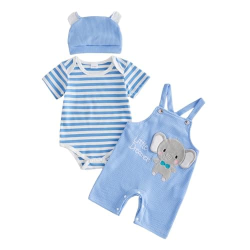 Image of XIXIMAON Newborn Baby Boy Two Piece Outfits Short Sleeve Striped Rompers Cute Animal Letter Embroidery Dungaree Shorts Set Bear Hat 0-18M Summer Clothes (Sky Blue, 3-6 Months)