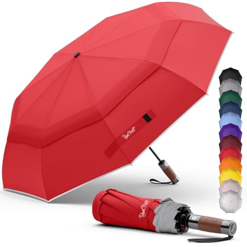 Image of Royal Walk Windproof Folding Travel Umbrella Compact and Strong Luxurious Real Wood Handle Automatic Open Close Vented Double Canopy for Men and Women (Red)