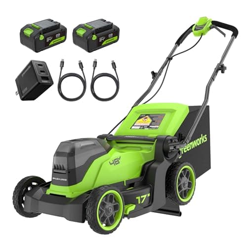 Image of Greenworks 48V (24V x 2) Cordless Lawnmower for Large Lawns up to 440m2, 41cm Cutting Width, 40L Bag, Lawnmower with Two 4Ah Batteries and Twin Charger, 3 Year Guarantee MO48L422-01