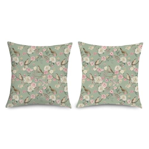 Image of Joymaison Spring Vintage Flower Birds Cushion Covers 45 x 45 Pack of 2 Sage Green Rustic Floral Square Throw Pillow Case Decorative Sofa Cushion with Invisible Zipper