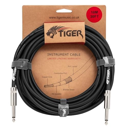 Image of Tiger 10m (33ft) Guitar Instrument Cable – 1/4” Mono Jack to Jack Lead, Copper Connectors, Shielded Low-Noise Cable for Electric Guitar, Bass, Keyboard, Amp