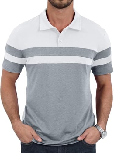 Image of Remxi Mens Polo Shirts Short Sleeve Contrast Color T Shirt Lightweight Casual Striped Golf Shirts whitegray L