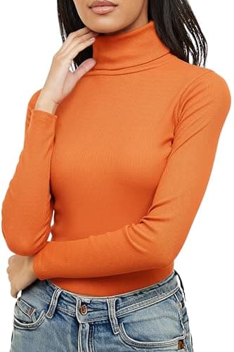Image of Re Tech UK Ladies Plain Ribbed Cotton Polo Turtle Roll Neck Tunic Top Jumper Full Sleeve, Orange, M/L 12-14