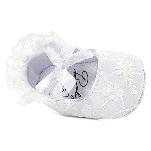 Image of LACOFIA Baby Girls Christening Shoes Bowknot Infant Crib Shoes Anti-Slip Soft Sole Prewalkers Lace White 6-12 Months