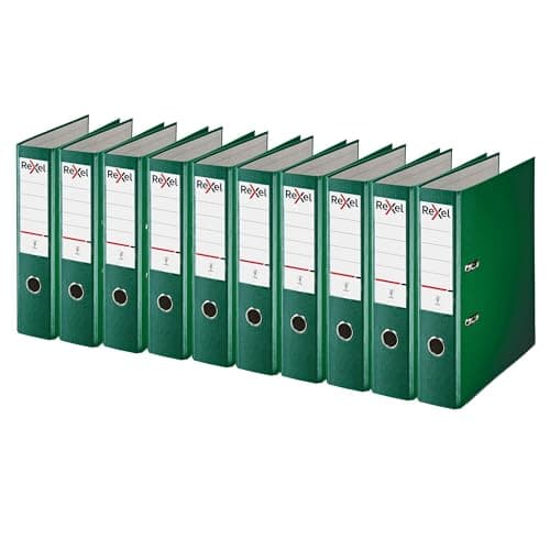 Image of Rexel A4 Lever Arch Files, Green Polypropylene Filing Folders, Durable PP ECO 75 mm Spine Holds Up to 500 Sheets, for A4 Document Storage and Everyday Filing, Pack of 10