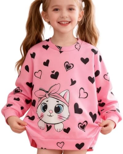 Image of Momkonzz Toddler Girls Jumpers for Kids Cat Pullover Heart Printed Sweatshirt Cute Long Sleeve Top Crewneck 2-7T (Pink 5-6T)