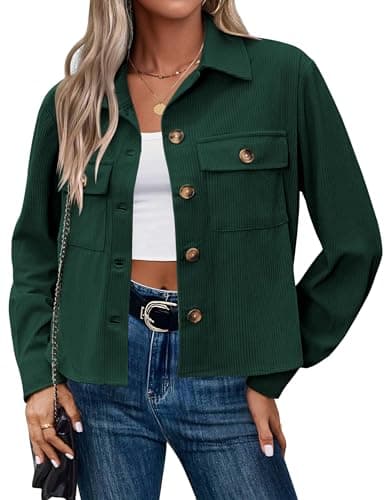 Image of HOTOUCH Women Jacket Light Weight Summer Jackets Ladies Short Jackets Elegant Trendy Corduroy Jacket Shacket Green Size 10