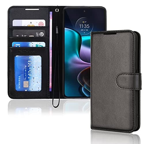 Image of TECHGEAR Moto Edge 30 Leather Wallet Case, Flip Protective Case Cover with Wallet Card Holder, Stand & Wrist Strap, Black PU Leather with Magnetic Clasp Designed For Motorola Moto Edge 30 5G