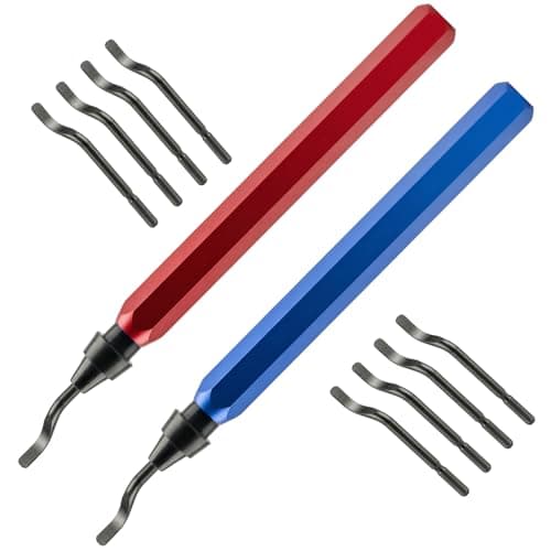 Image of 2 Pcs Deburring Tool, Copper Pipe Deburring Tools for 3D Printing, Plastic, Metal, Aluminium, PVC, Steel, Metal Handle Hands with Replacement 10 Pcs BS1010 High Speed Steel Blades - Blue & Red