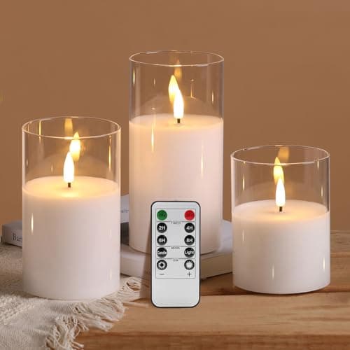 Image of Eywamage Clear Glass Flameless LED Candles with Remote, White Battery Pillar Candles Home Decor Set of 3