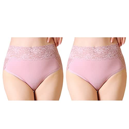 Image of Serecofo Pack of 2 Women Lace High Waist Knickers Briefs Panties in Cotton Female Lingerie Size 8-24 Women's Underwear Elastic Hipster Shorts (2 Light Pink, 8-10)