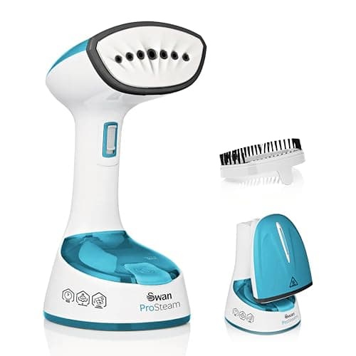 Image of Swan SI12030N Foldable Garment Steamer with Removable Brush Attachments, Lightweight, 120ml Water Tank, 1470 Watts, White and Blue