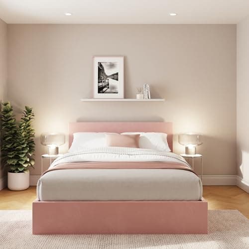 Image of End Lift Ottoman Bed 120cm Velvet Blush Pink Small Double Storage Bed Frame
