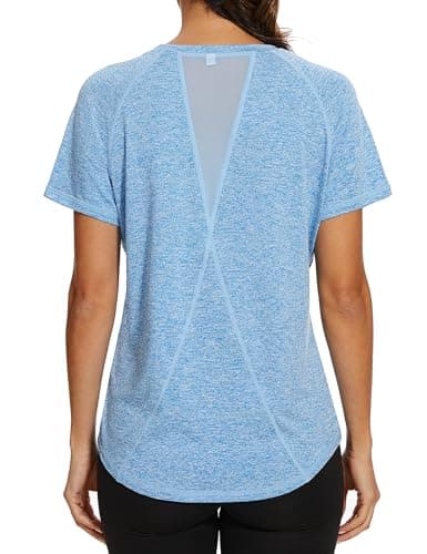 Image of Gyabnw Ladies Gym Tops Women Short Sleeve Casual Workout Yoga Running Top Crew Neck Back Mesh Fitness Athletic Tee Shirts Blue