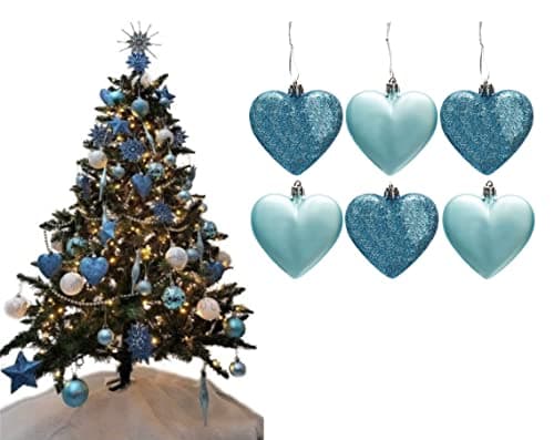 Image of 6pc Large Glitter & Matte Heart Baubles - Great Christmas Tree Decorations, Heart Baubles (Ice Blue)