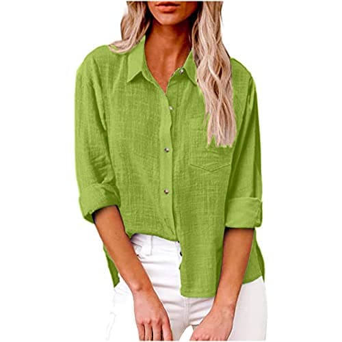 Image of Essential 2024 Womens Tops Dressy UK Casual Summer Button Down Cotton Linen Shirts Work Office Women Blouse and Shirts Roll Up Long Sleeve Lapel Blouses Trendy Loose Fit Ladies Tops
