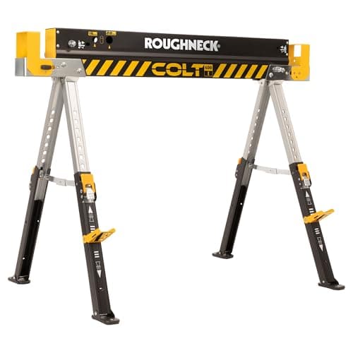 Image of ROUGHNECK COLT 600E Sawhorse, Heavy Duty Steel Construction, Weight-Baring Capacity 589kg with Height Adjustable Legs for Woodworking & Construction