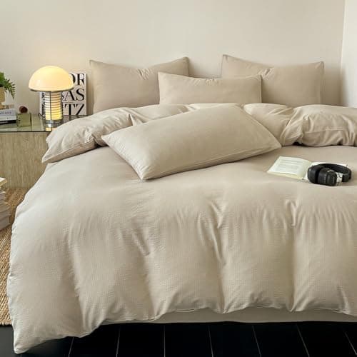 Image of WONGS BEDDING King Size Duvet Cover Sets Reversible Beige Bedding Set Striped Texture with 2 Pillowcases Soft Microfiber King Size Bedding Sets with Zipper Closure for All Season (220x230cm)