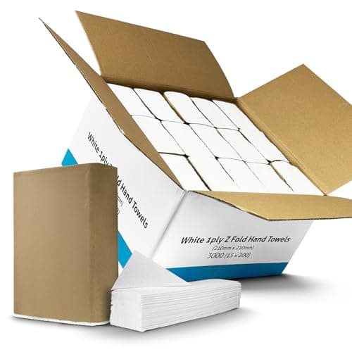 Image of Box of 3000 (15 Packs – 200 Per/Pack) 1Ply Z-Fold Hand Paper Towels Sheets White 210mm x 210mm. Dispenser Compatible | Ideal for Kitchen, Catering, Bathroom, Restroom