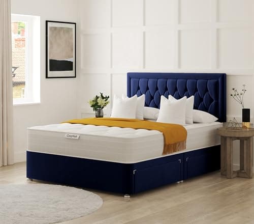 Image of COZY HUB LTD Hilton Florida Divan Bed with 10 Inch Ortho Tufted Mattress & Plush Velvet Headboard – Luxury Divan Set with Drawer Storage Options. (Blue, 4Ft- 2 Drawers)