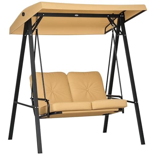 Image of Outsunny 2 Seater Garden Swing Chair with Adjustable Tilting Canopy, Outdoor Hammock Bench with Steel Frame for Patio, Beige