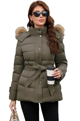 Image of PAPILLON D'OR Women's Belted Mid-Length Puffer Coat - Detachable Faux Fur Collar & Hood, Hidden Fleece Pockets, Dual-Closure Winter Jacket (Pea-Green, M)