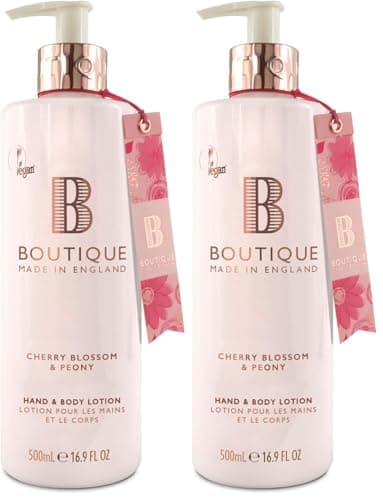 Image of Boutique Cherry Blossom & Peony Fragrance Hand & Body Lotion 500ml – Vegan Body Moisturiser with Essential Oils, Made in England – Lightly Scented Refreshing Hand & Body Care (Pack of 2)