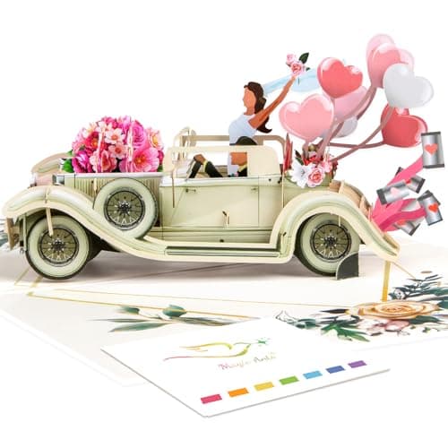 Image of Just Married 3D Pop Up Wedding Card, Vintage Car with Floral Watercolor Cover, Romantic Greeting Card for Bride and Groom, Engagement, Bridal Shower, Newlyweds, Wedding Congratulations