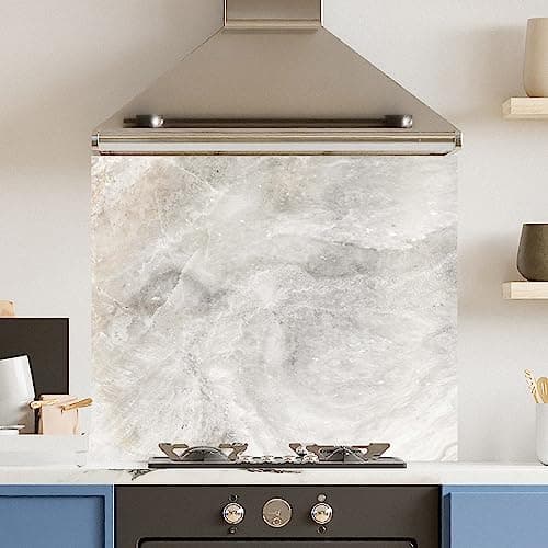Image of Premium 90 cm x 75 cm White Marble Glass 6mm Kitchen Splashback Heat Resistant Toughened Polished Edges - Back Splash Back Coloured Hob Painted Tempered Splashback