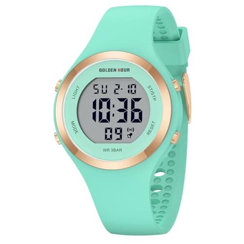Image of GOLDEN HOUR Digital Ladies Watches 5ATM Waterproof Sport Womens Watch with Luminous/Date/Week/Month Chronograph, Silicone Strap Swimming Watch for Women - Green