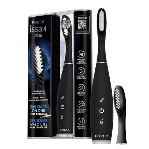 Image of FOREO ISSA 4 Plus Sonic Electric Toothbrush, 4-in-1 AI-Guided Rechargeable Tooth Brush Bundle with Extra Silicone & Polymer Hybrid Toothbrush Head, Soft Bristles, Whitening - Black
