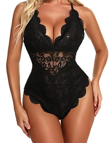 Image of Aranmei Sexy Snap Crotch Bodysuit for Women Naughty One Piece Lace Babydoll Lingerie Teddy Black L