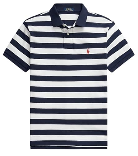 Image of Polo Ralph Lauren Custom Slim Fit Striped Mesh Polo Shirt (UK, Alpha, M, Regular, Regular, Newport Navy)