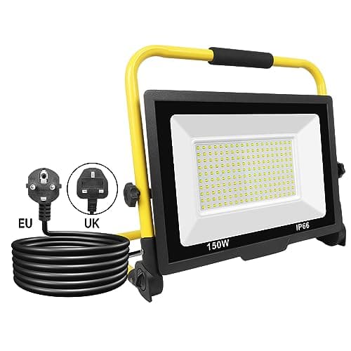 Image of SKYWORLD 150W Portable Stand LED Work Light, 15000 Lumens Job Site Light, Plug in Folding Flood Light for Home Workshop Garage Garden Security Outdoor Lighting, IP66 Waterproof, 6000K Cold White