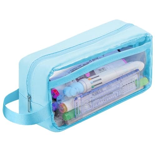 Image of HCFGS Clear Pencil Case - Transparent Waterproof PVC Storage Pouch for Stationery, Cosmetics, Travel & Office Supplies (Blue)