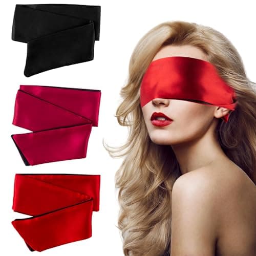 Image of GWAWG Blindfold,3 Pcs Silk Satin Blindfold,Eye mask for Sleeping Games Satin Silk Eye Covers Satin Sleep Mask Valentine Gift 145cm(Black Red Rose Red)