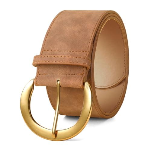 Image of WHIPPY Women Wide Faux Suede Belt for Jeans Dress Chunky Fashion Suede Belt Ladies Wide Belt with Gold BuckleBrown,S: Fit waist 22"-27"