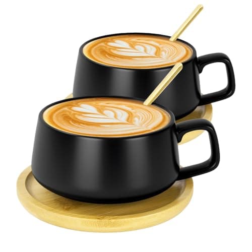 Image of AOOTE Cappuccino Cup & Saucer Set, 2 Pcs Porcelain Espresso Coffee Cup with Saucer and Spoon, 320ML Wide Cappuccino Cups, Ceramic Coffee Cups Set for Tea, Coffees, Espresso, Americano, Latte