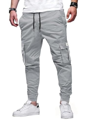 Image of Elegancity Mens Cargo Trousers Casual Jogger Work Pants Regular Fit Drawstring Sweatpants Sports Bottoms with Pockets (Grey, 40)