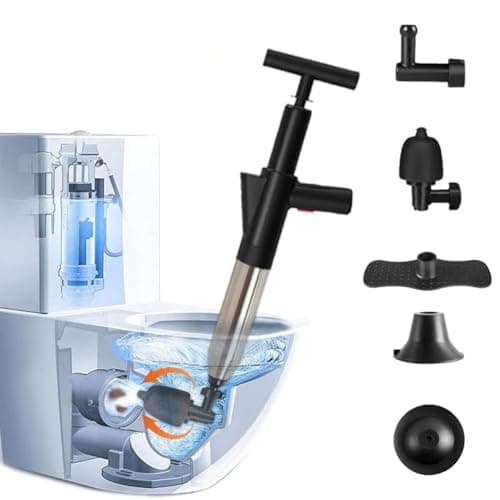 Image of WCIC High Pressure Air Blaster Drain Unblocker Gun & Toilet Plunger Kit with 4 Replaceable Heads - Unblocks Sinks, Toilets, Floor Drains, Shower Pipes & Clogs (Black)