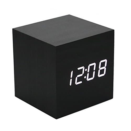 Image of Lancoon Wooden Alarm Clock - Mini Cube LED Digital Clock with Time/Date/Temperature Display, 3 Levels Brightness and Voice Control Great for Home Office Travel - AC10Black_White