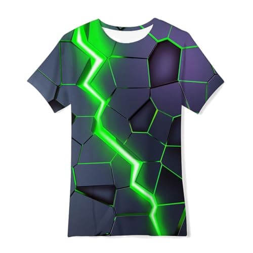 Image of SFreeBo Boys T-Shirts 3D Green Lightning Pattern Kids T Shirt Summer Casual Tee Shirt for Boys Girls Crewneck Short Sleeve Unisex Kids Tops 6-8 Years