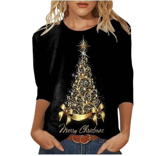 Image of Buy Again My Orders Womens Christmas Tunic Tops UK Trendy 3/4 Sleeve Crewneck Shirts Dressy Casual Xmas Tree Snowflake Print Blouse Ladies Lightweight Fall Winter Going Out T Shirts 2024 Tee