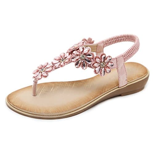 Image of iCKER Women's Flat Sandals Ladies Thong Flat Sandals Bohemian Beaded Strap Sandals Diamante Rhinestone Leather Sandals, 4UK(label size 38), Pink