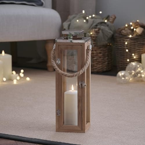 Image of Lights4fun Large Nautical Wooden Decorative TruGlow® LED Candle Lantern Battery Operated with Timer Indoor and Outdoor Use 34cm