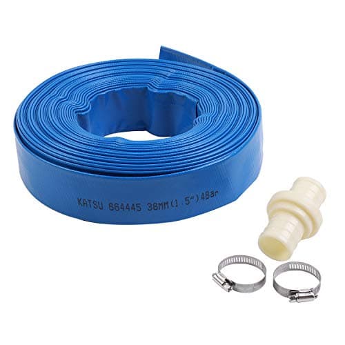 Image of KATSU Layflat Discharge Hose Pipe 20m x 38mm 1-1/2 Inch Diameter with 2 Clips and Quick Coupler Connector, Fits Submersible & Other Water Pumps for Draining Pond, Garden Irrigation, Hot Tub, Pool