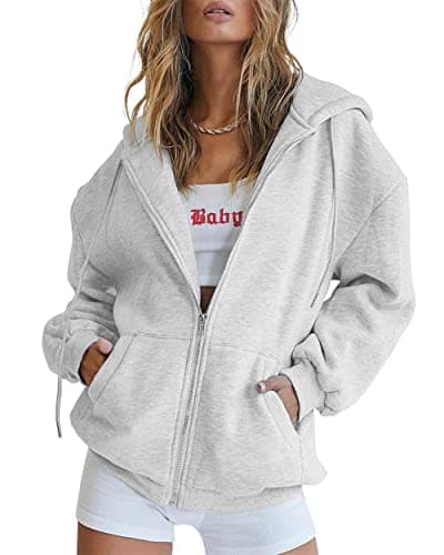 Image of Jhsnjnr Women's Long Sleeve Sweatshirts Casual Hooded Jackets Zip Up Oversized Hoodie with Pockets Grey
