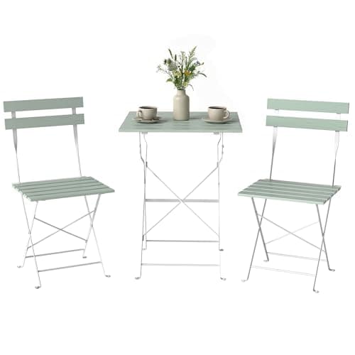Image of Outsunny 3 Pieces Folding Outdoor Bistro Set, Garden Bistro Set for 2 with 2 Chairs and Table, Solid Wood Top, for Garden, Patio, Balcony, White and Green